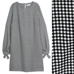 NEW H&M Gingham Plaid Long Sleeve Bow Cuff Shift Dress with Pockets Keyhole 12